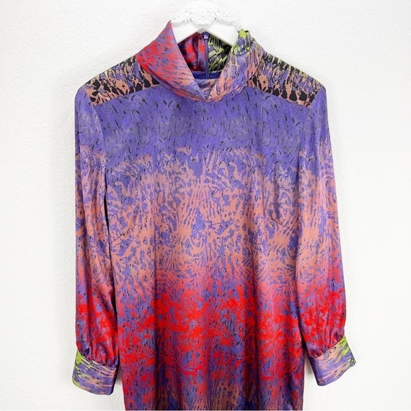 Etcetera Silk High Neck Multi Color Abstract Print Dress Long Sleeve Size 12 - Picture 2 of 5